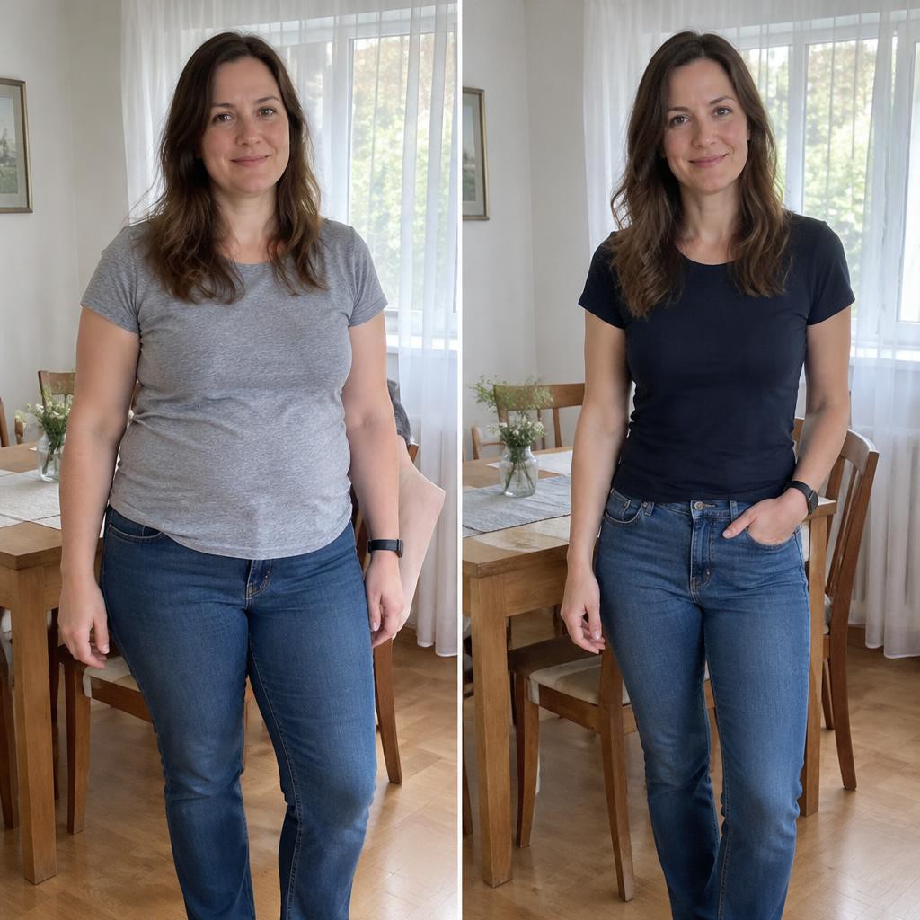 Vorher-Nachher: Frau um die 40 mit braunen Haaren im Sport-Outfit