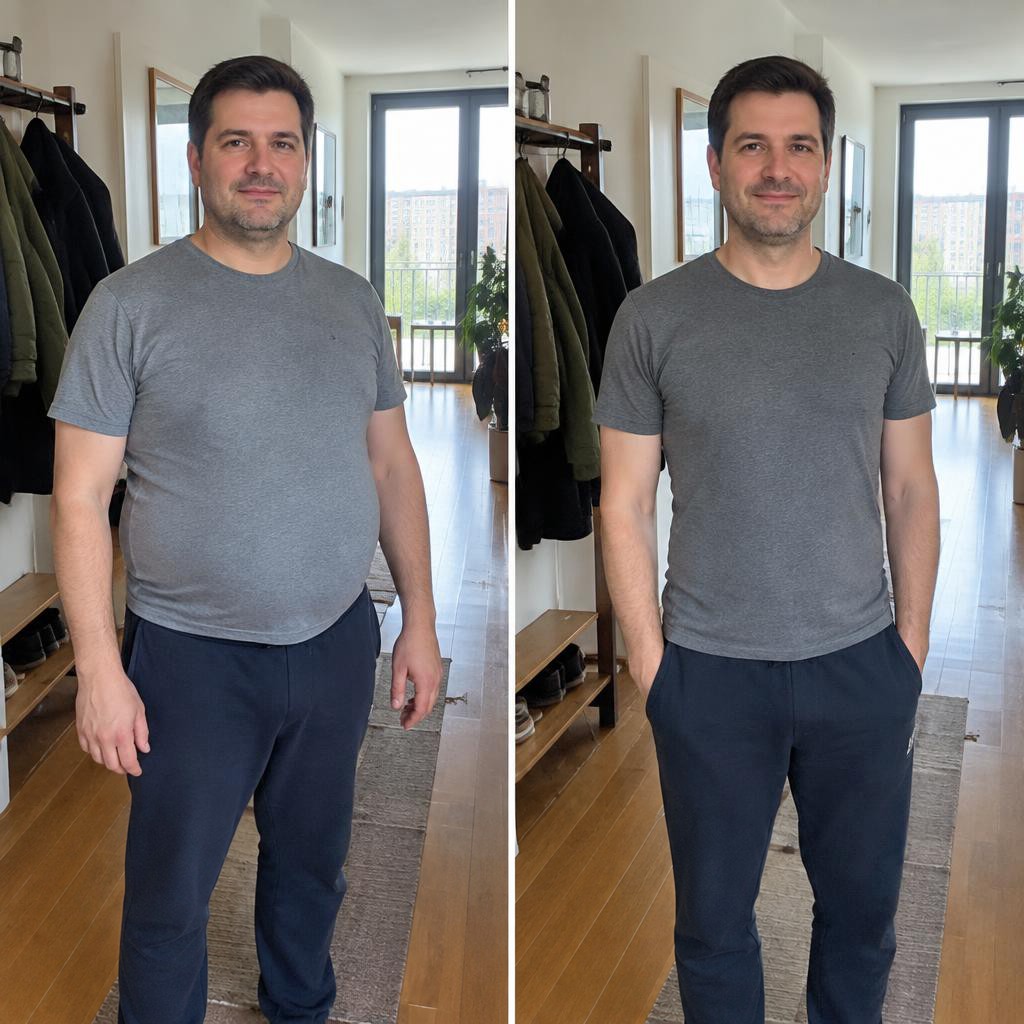 Vorher-Nachher: Mann um die 45 mit dunklen Haaren im T-Shirt