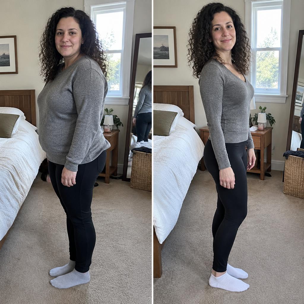 Vorher-Nachher: Frau um die 35 mit dunklen Locken in Sportswear